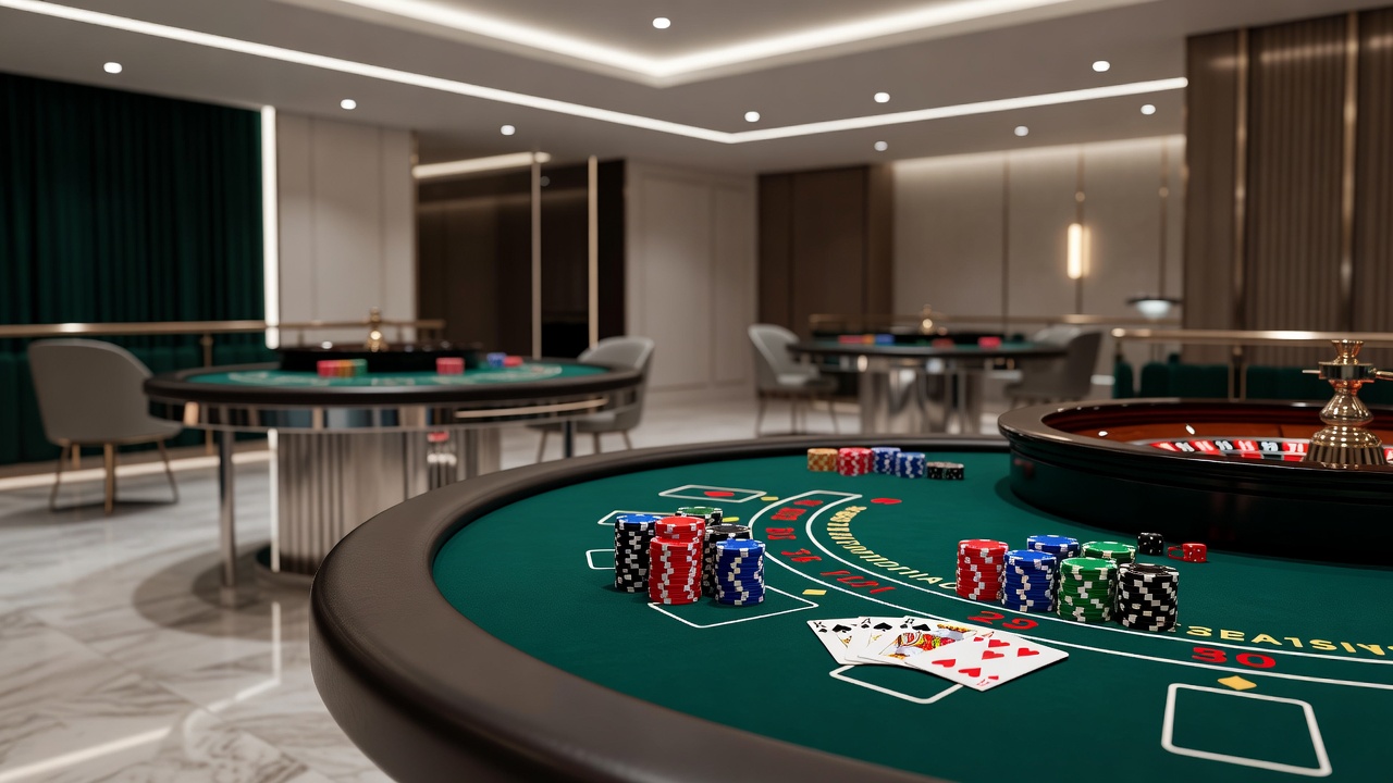 Verschiedene Casino-Spiele wie Roulette und Blackjack an einem Tisch