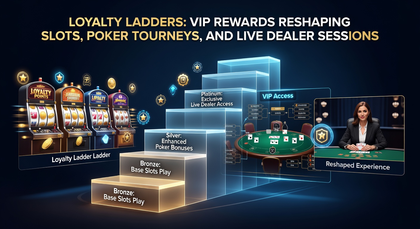 Grafik einer steigenden Loyalitätsleiter mit VIP-Stufen in einem Online-Casino, die Slots, Poker und Live-Dealer symbolisiert