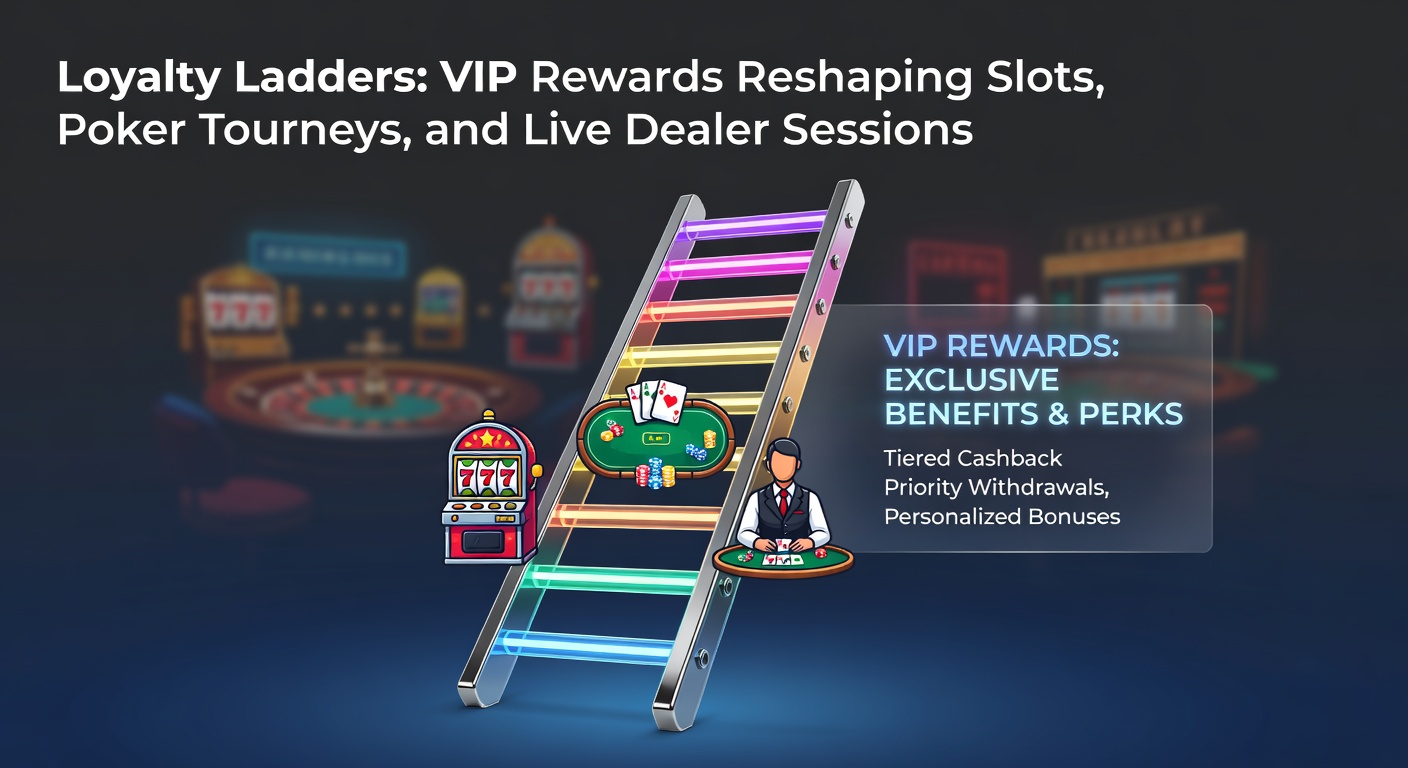 VIP-Spieler bei einem Slot-Automaten mit explodierenden Belohnungen und Leiter-Symbolik, umgeben von Poker-Chips und Live-Dealer-Karten