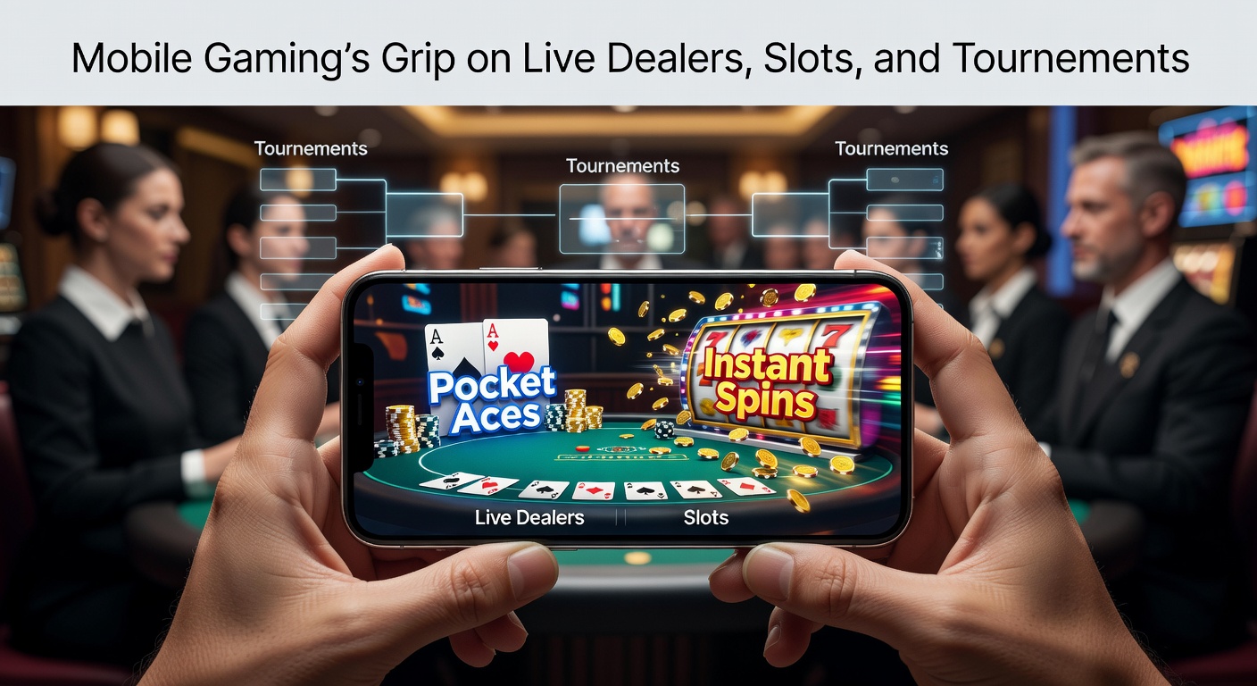 Smartphone mit laufendem Mobile-Casino-App, das Live-Dealer-Tische, Slot-Maschinen und Turnier-Lobbys zeigt