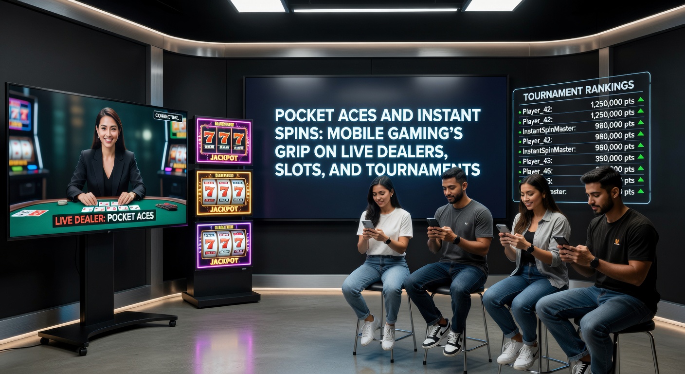 Live-Dealer am Tisch mit Slot-Rädern und Turnier-Trophäen im Hintergrund, alles auf einem Tablet-Display dargestellt